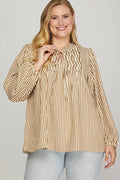 She + Sky Long Sleeve Front Tie Pintuck Top In Brown PLUS Sizes