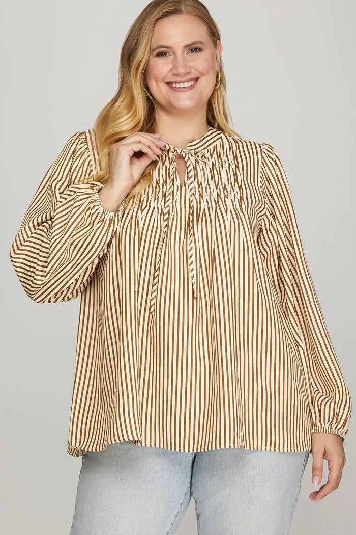 She + Sky Long Sleeve Front Tie Pintuck Top In Brown PLUS Sizes