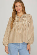 She + Sky Long Sleeve Front Tie Pintuck Top In Brown