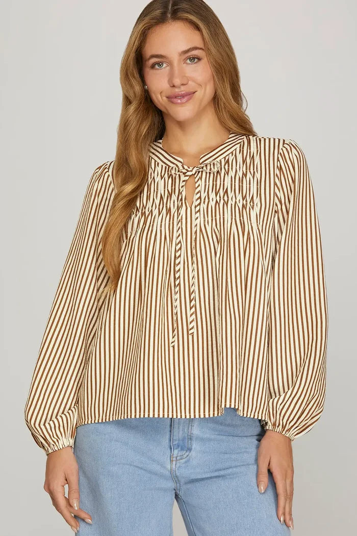 She + Sky Long Sleeve Front Tie Pintuck Top In Brown