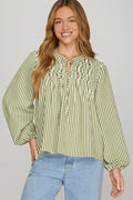 She + Sky Long Sleeve Front Tie Pintuck Top In Olive