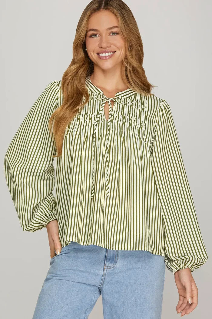 She + Sky Long Sleeve Front Tie Pintuck Top In Olive