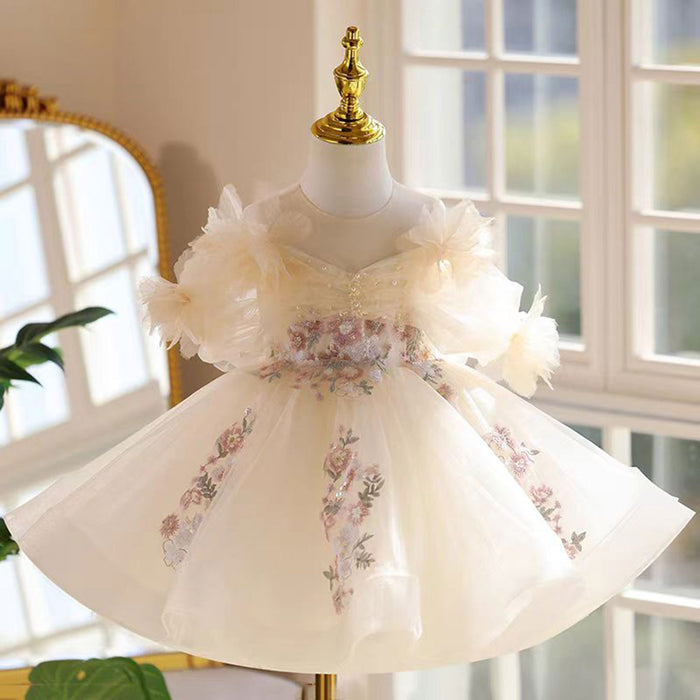 Shining Applique Embroidered Tulle Flower Girl Dress Champagne J533
