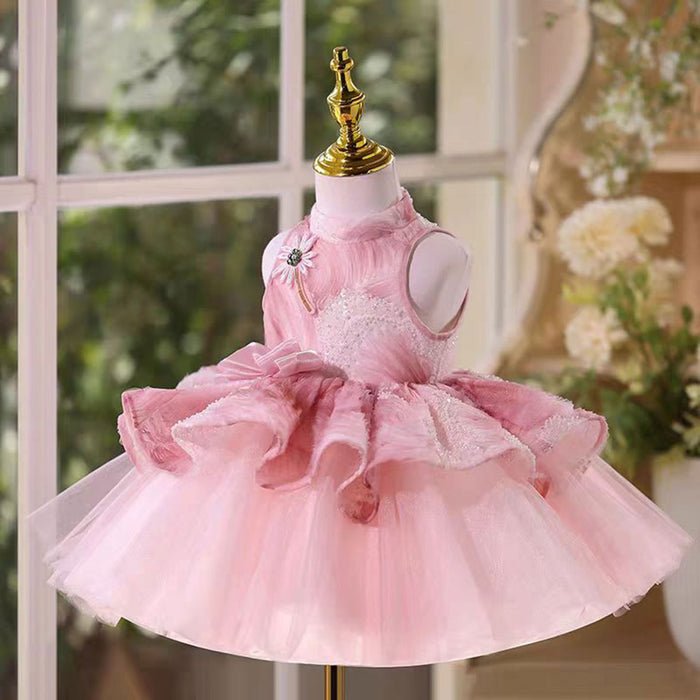 Shining Halter Neckline Applique Sleeveless Tulle Flower Girl Dress Pink J532