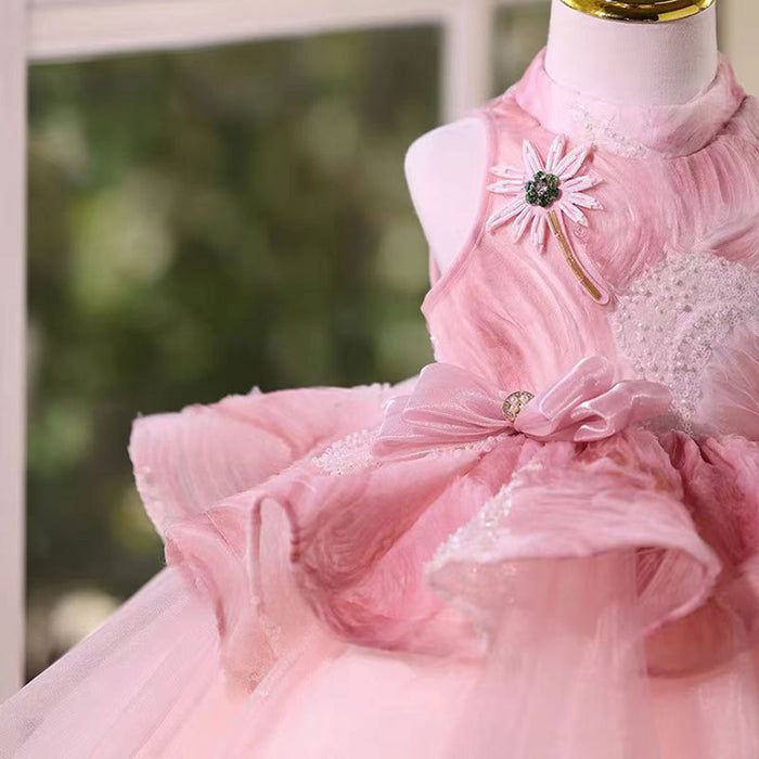 Shining Halter Neckline Applique Sleeveless Tulle Flower Girl Dress Pink J532