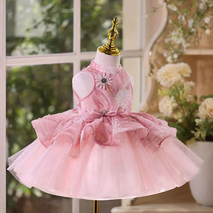 Shining Halter Neckline Applique Sleeveless Tulle Flower Girl Dress Pink J532
