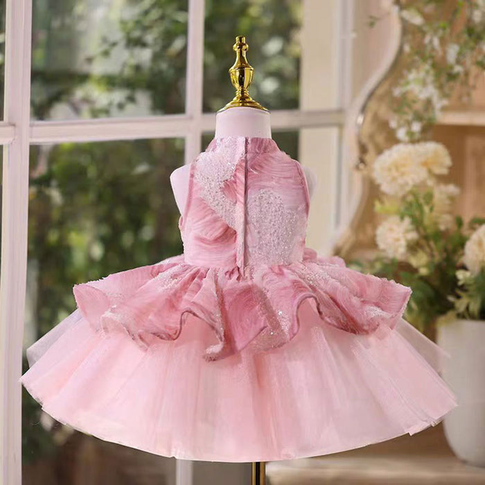 Shining Halter Neckline Applique Sleeveless Tulle Flower Girl Dress Pink J532