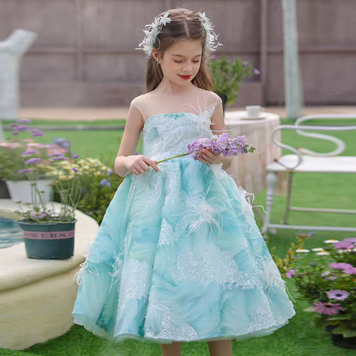 Shining O-Neck Sequined Feathers Flower Girl Dress Teal J501