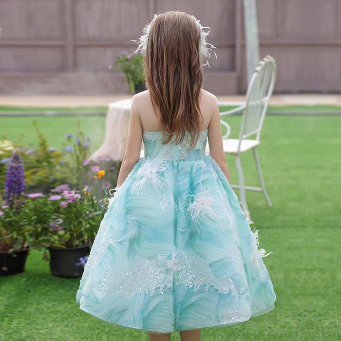 Shining O-Neck Sequined Feathers Flower Girl Dress Teal J501