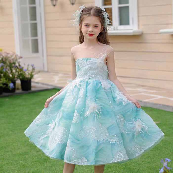 Shining O-Neck Sequined Feathers Flower Girl Dress Teal J501