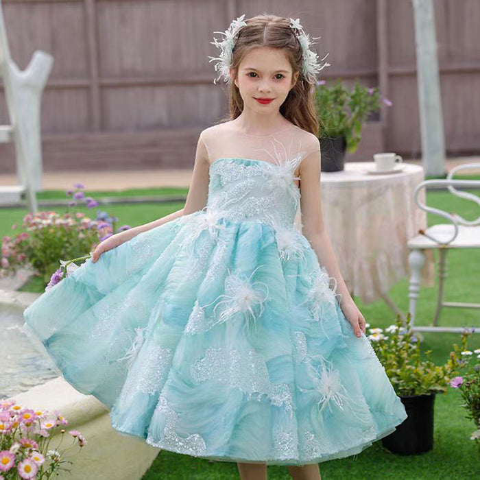 Shining O-Neck Sequined Feathers Flower Girl Dress Teal J501