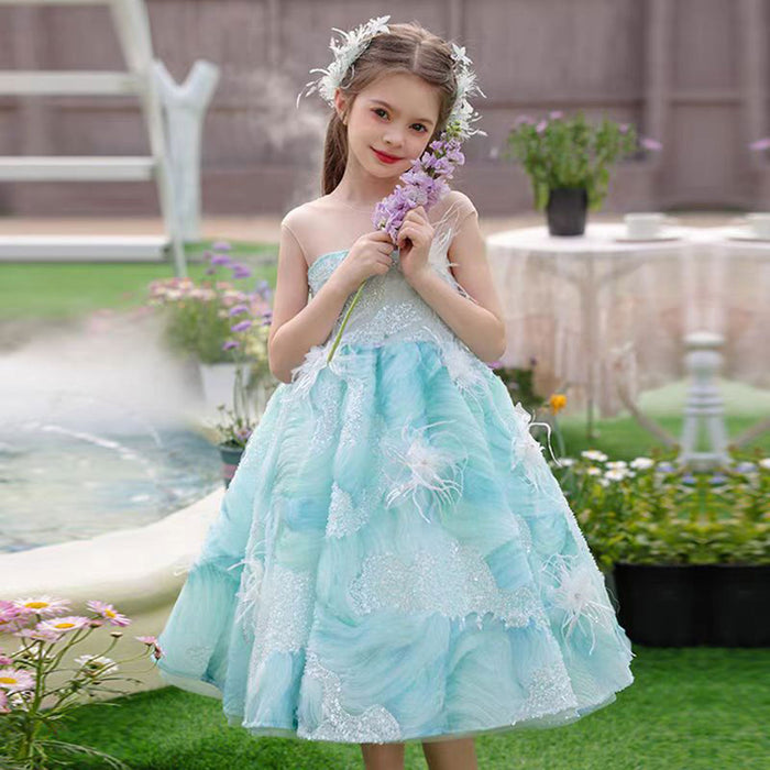 Shining O-Neck Sequined Feathers Flower Girl Dress Teal J501