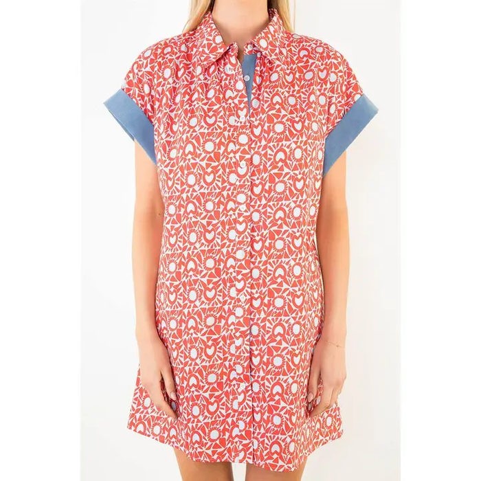 Short Sleeve Pattern Button Down Dress Blue and Red