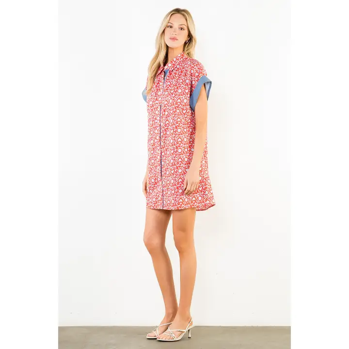 Short Sleeve Pattern Button Down Dress Blue and Red