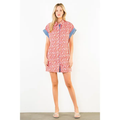 Short Sleeve Pattern Button Down Dress Blue and Red