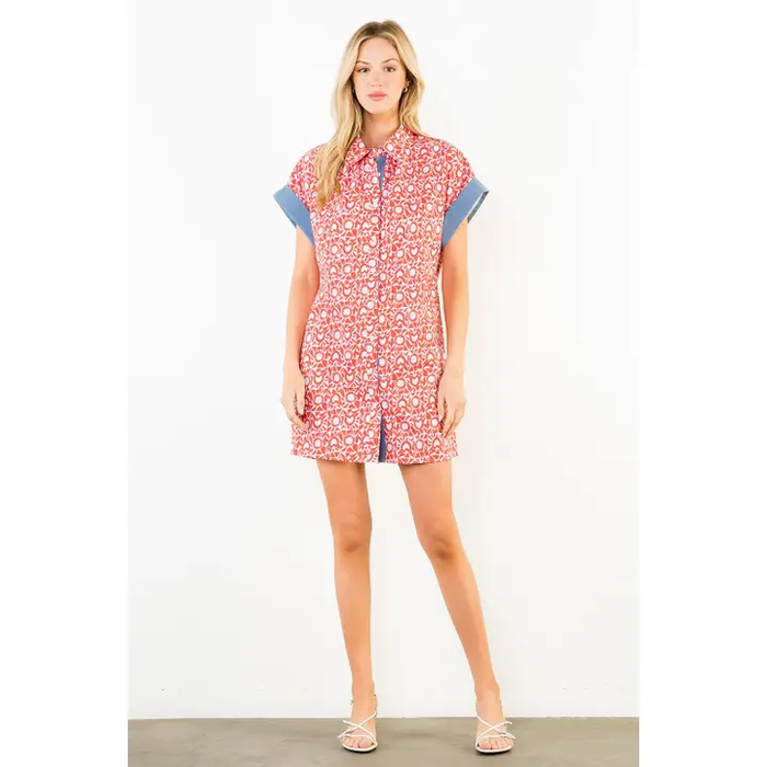 Short Sleeve Pattern Button Down Dress Blue and Red
