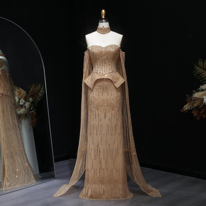 Silver Grey Crystal Evening Dress, Off-Shoulder Cape Gown SS558