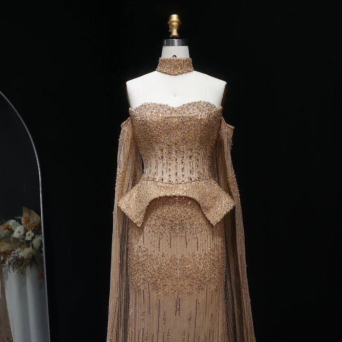 Silver Grey Crystal Evening Dress, Off-Shoulder Cape Gown SS558