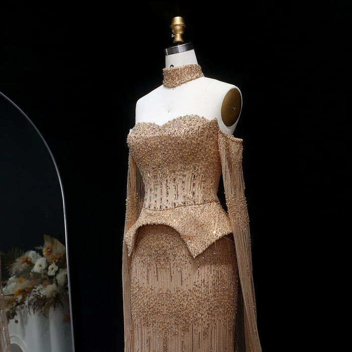 Silver Grey Crystal Evening Dress, Off-Shoulder Cape Gown SS558