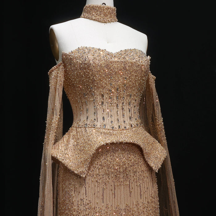 Silver Grey Crystal Evening Dress, Off-Shoulder Cape Gown SS558