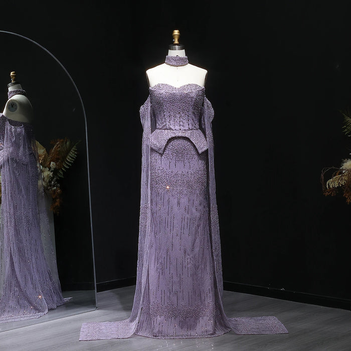 Silver Grey Crystal Evening Dress, Off-Shoulder Cape Gown SS558