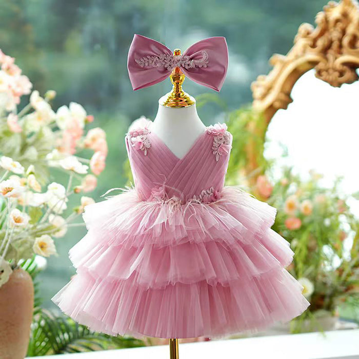 Sleeveless Applique Feathers Tiered Tulle Flower Girl Dress D069