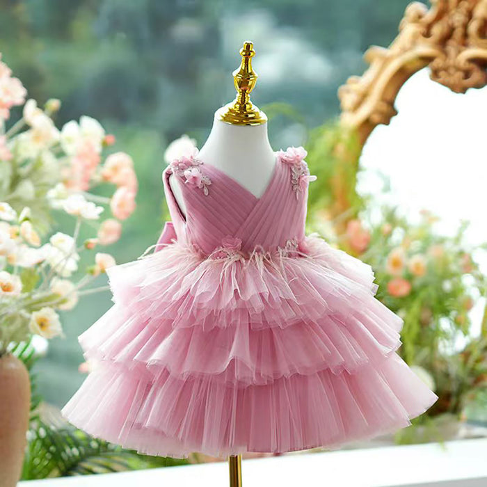Sleeveless Applique Feathers Tiered Tulle Flower Girl Dress D069