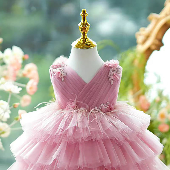 Sleeveless Applique Feathers Tiered Tulle Flower Girl Dress D069