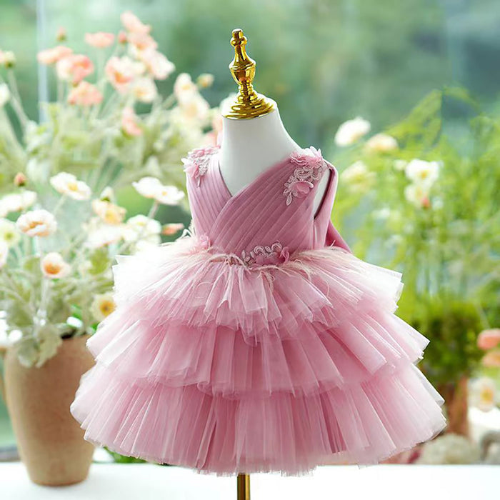 Sleeveless Applique Feathers Tiered Tulle Flower Girl Dress D069