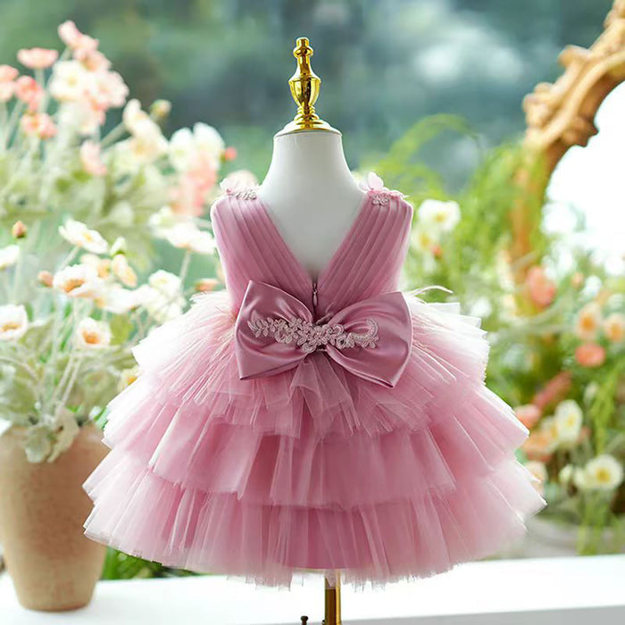 Sleeveless Applique Feathers Tiered Tulle Flower Girl Dress D069