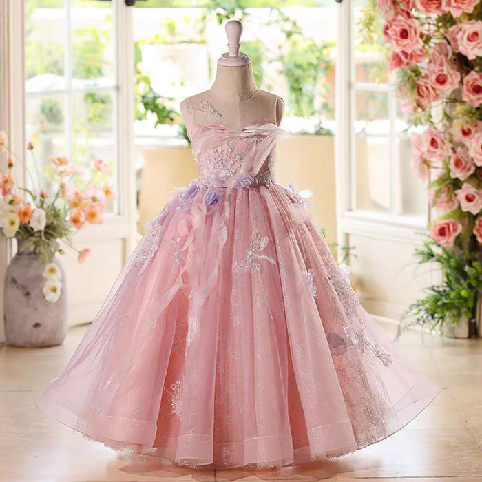 Sleeveless Butterfly Applique Pearled Flower Girl Dress D075