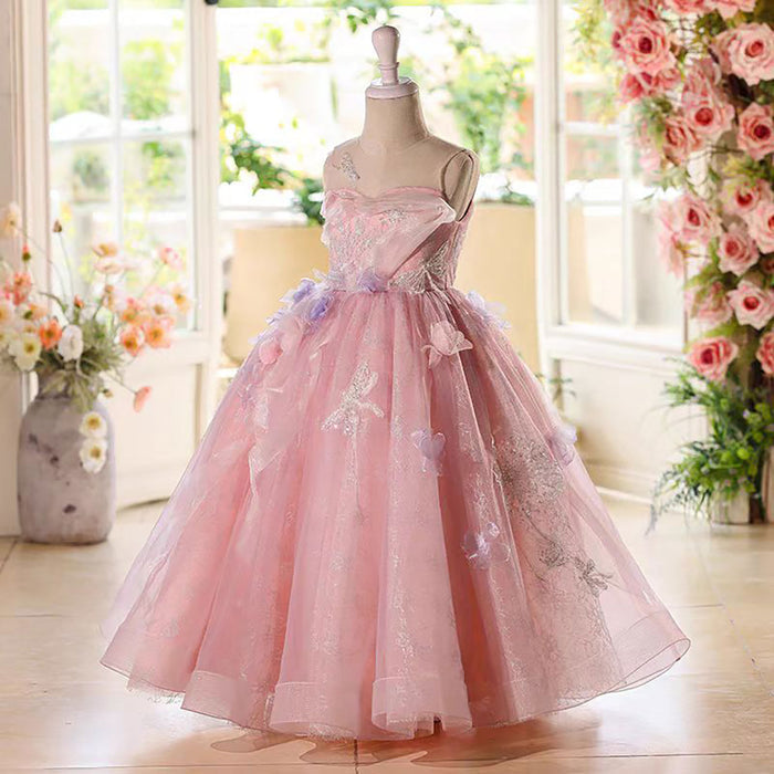 Sleeveless Butterfly Applique Pearled Flower Girl Dress D075
