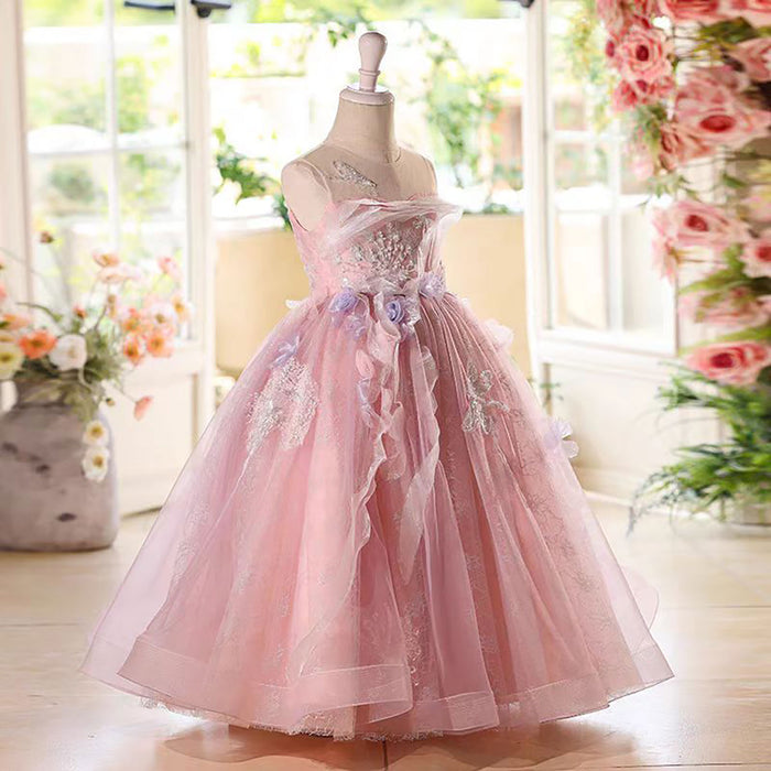 Sleeveless Butterfly Applique Pearled Flower Girl Dress D075