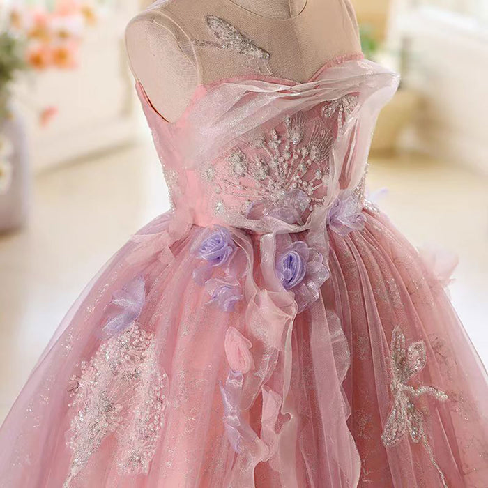 Sleeveless Butterfly Applique Pearled Flower Girl Dress D075