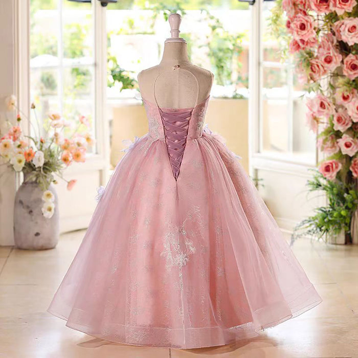 Sleeveless Butterfly Applique Pearled Flower Girl Dress D075