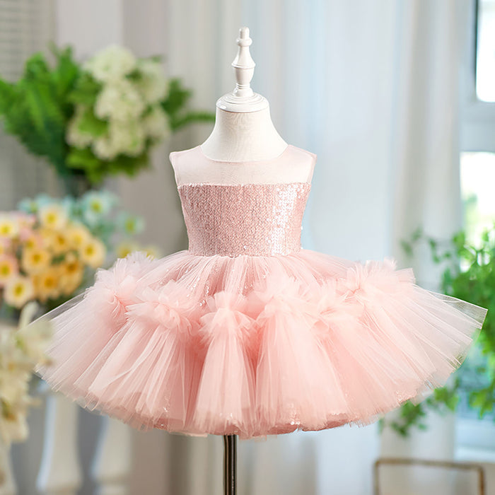 Sleeveless Sequined Tulle Flower Girl Dress Bow D068