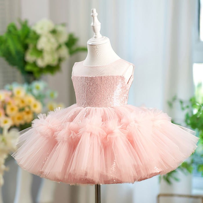 Sleeveless Sequined Tulle Flower Girl Dress Bow D068