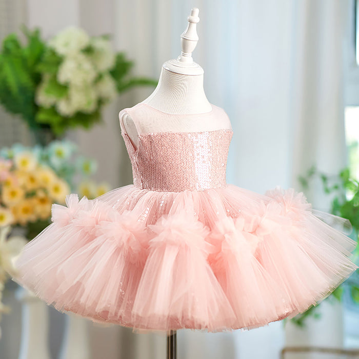 Sleeveless Sequined Tulle Flower Girl Dress Bow D068