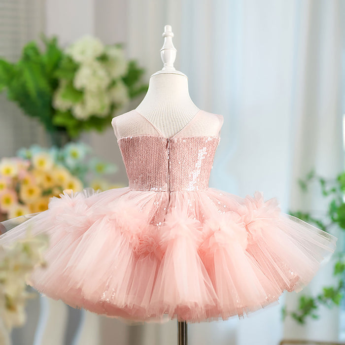 Sleeveless Sequined Tulle Flower Girl Dress Bow D068