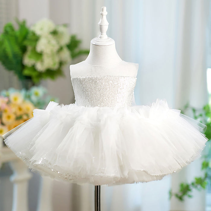 Sleeveless Sequined Tulle Flower Girl Dress Bow D068