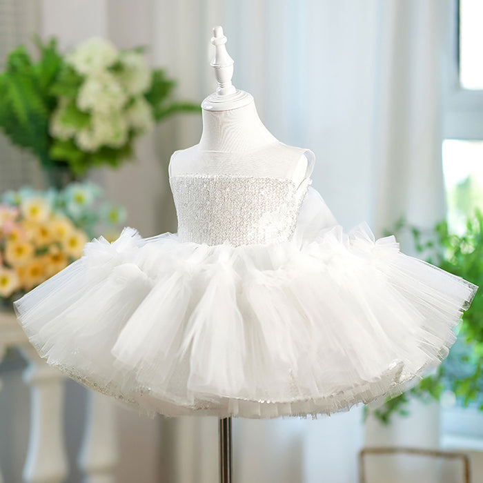 Sleeveless Sequined Tulle Flower Girl Dress Bow D068