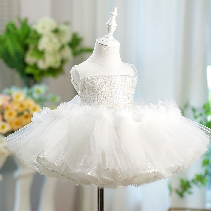 Sleeveless Sequined Tulle Flower Girl Dress Bow D068