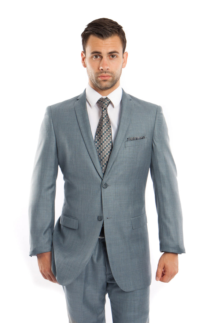 Smoke Blue Solid 2-PC Slim Fit Performance Stretch Suits For Men - Giorgio's Menswear