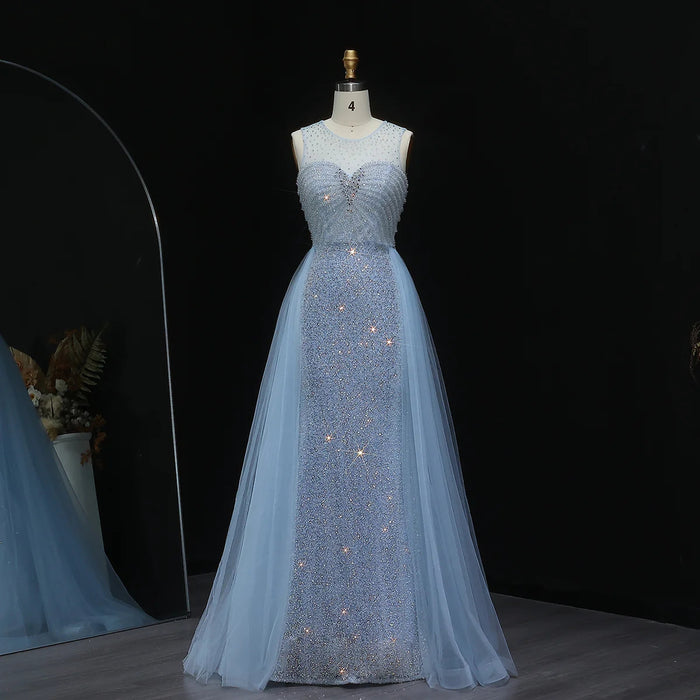 Sparkling Crystal Blue Evening Gown with Overskirt SS011