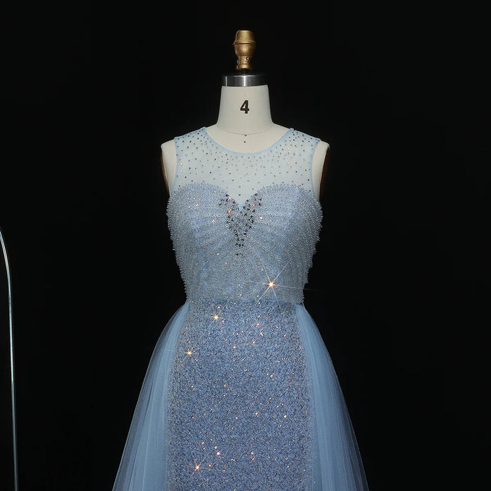 Sparkling Crystal Blue Evening Gown with Overskirt SS011