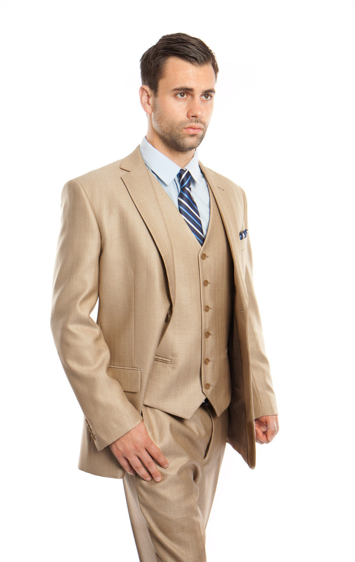 Stone Solid Shiny Sharkskin 3-PC Regular Modern Fit Suits For Men - Giorgio's Menswear