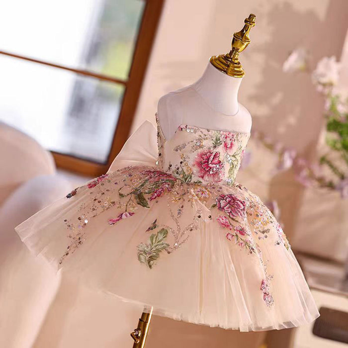 Strapless Design Embroidered Flower Girl Dress Bow Sleeveless D012