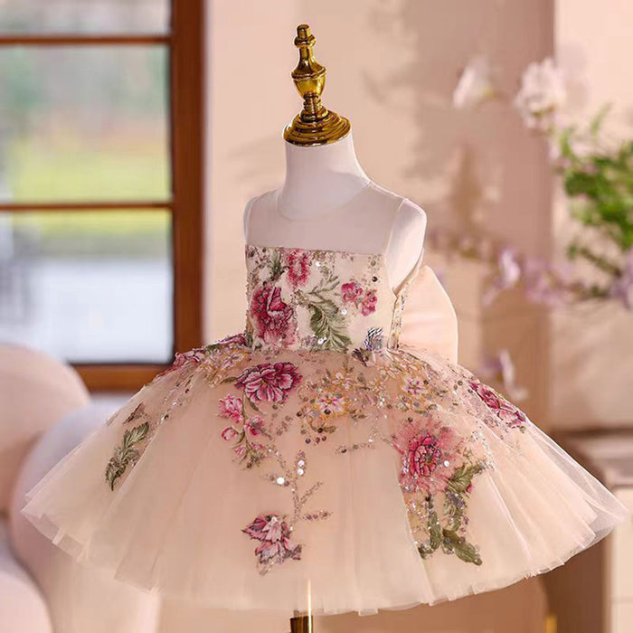 Strapless Design Embroidered Flower Girl Dress Bow Sleeveless D012