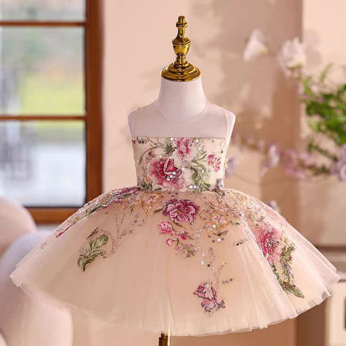 Strapless Design Embroidered Flower Girl Dress Bow Sleeveless D012