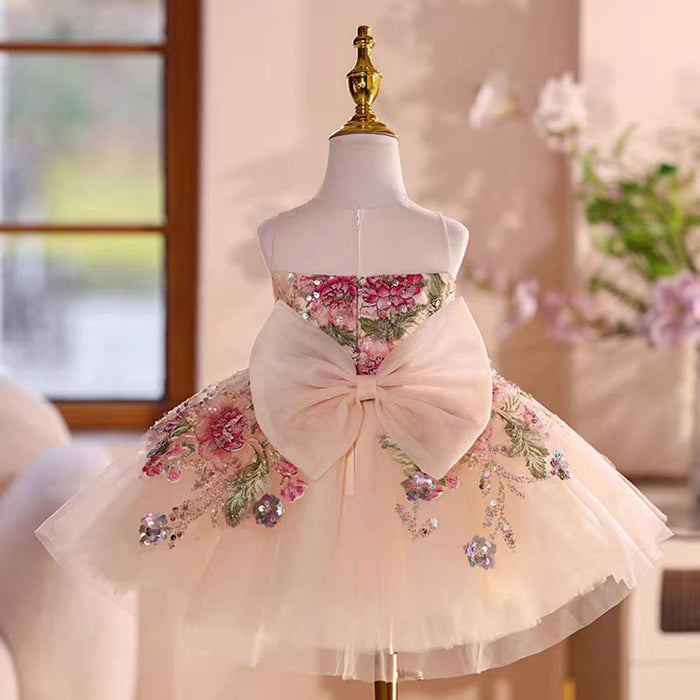 Strapless Design Embroidered Flower Girl Dress Bow Sleeveless D012